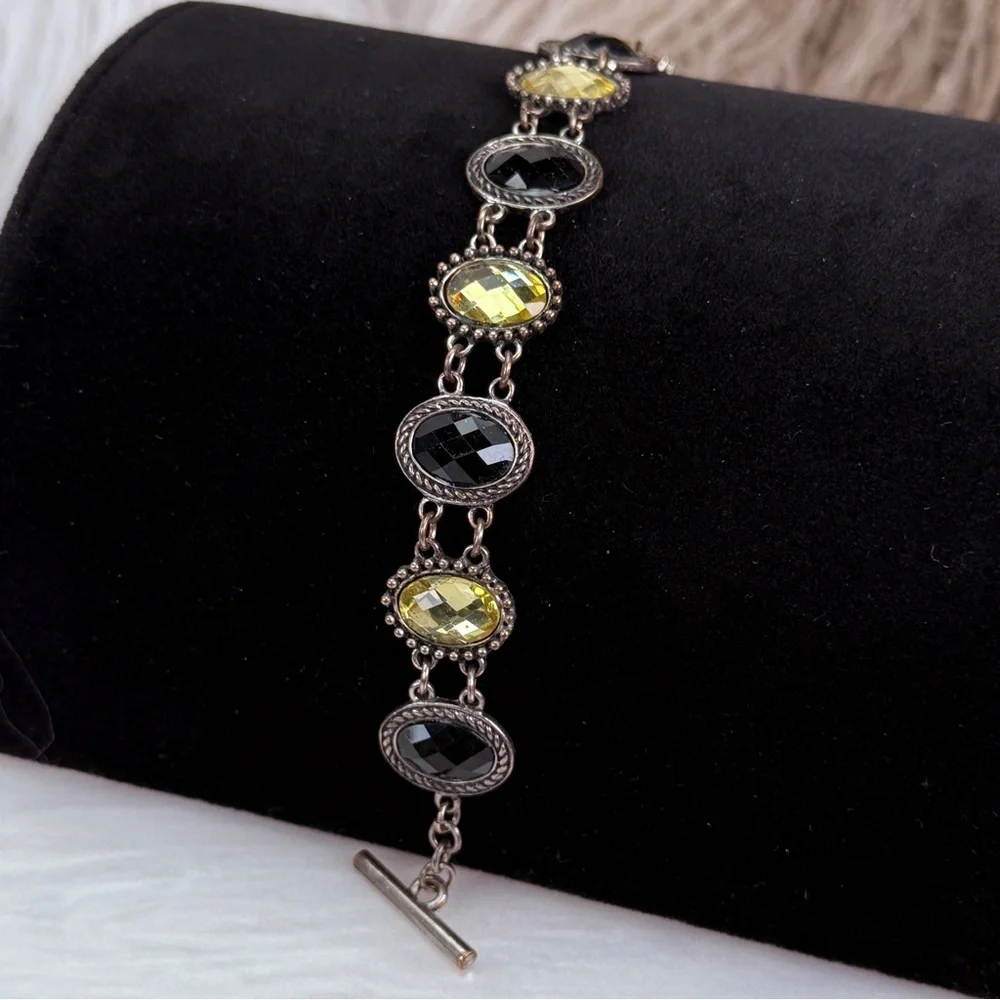 Vintage aged Silvertone Yellow Black Bling Accents Link Toggle Closure Bracelet